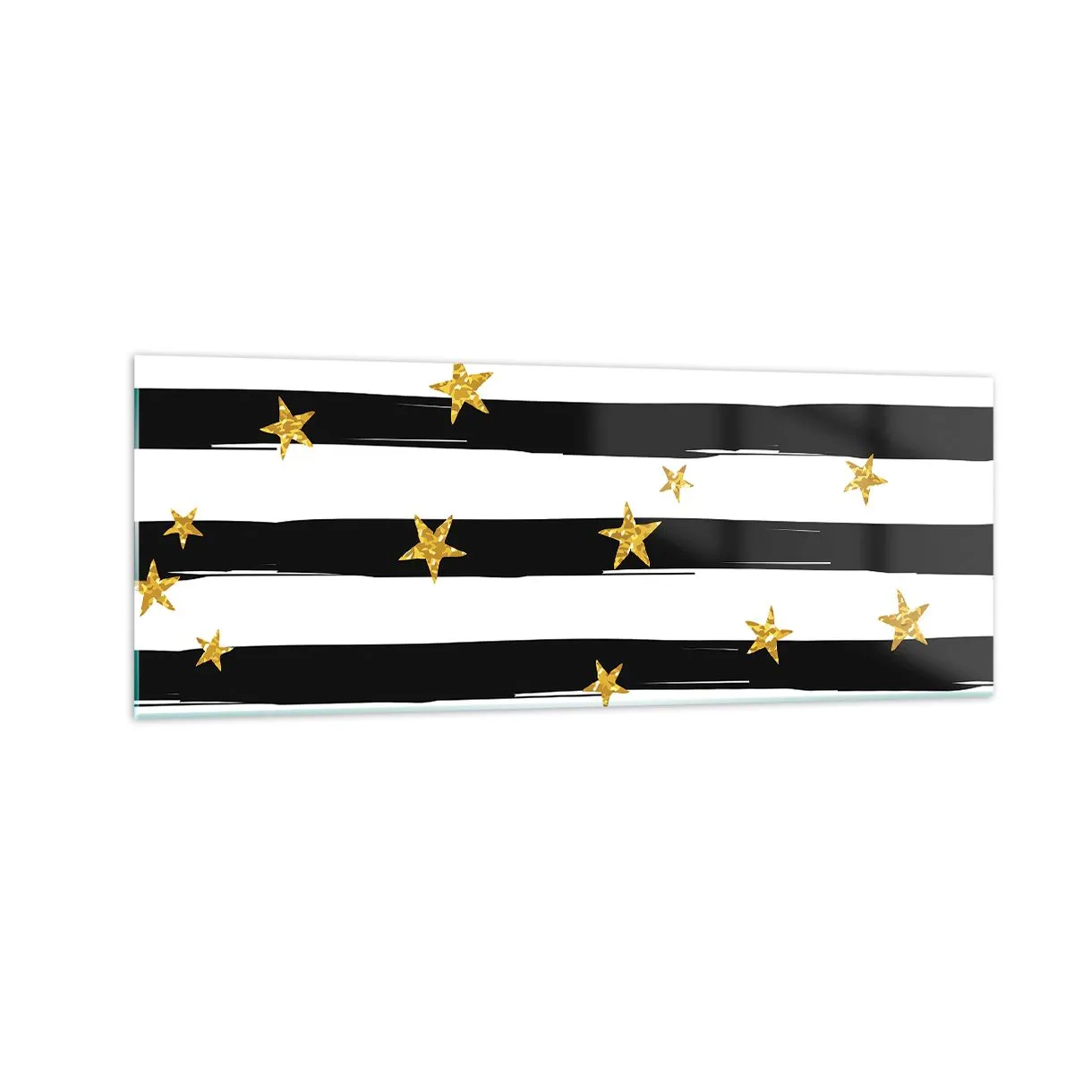 Impression sur verre - Image sur verre - Rayures noires et blanches avec étoiles dorées - 140x50cm - Nous sommes tous nés sous une bonne étoile - Décoration murale moderne pour le salon et la chambre ARTTOR
