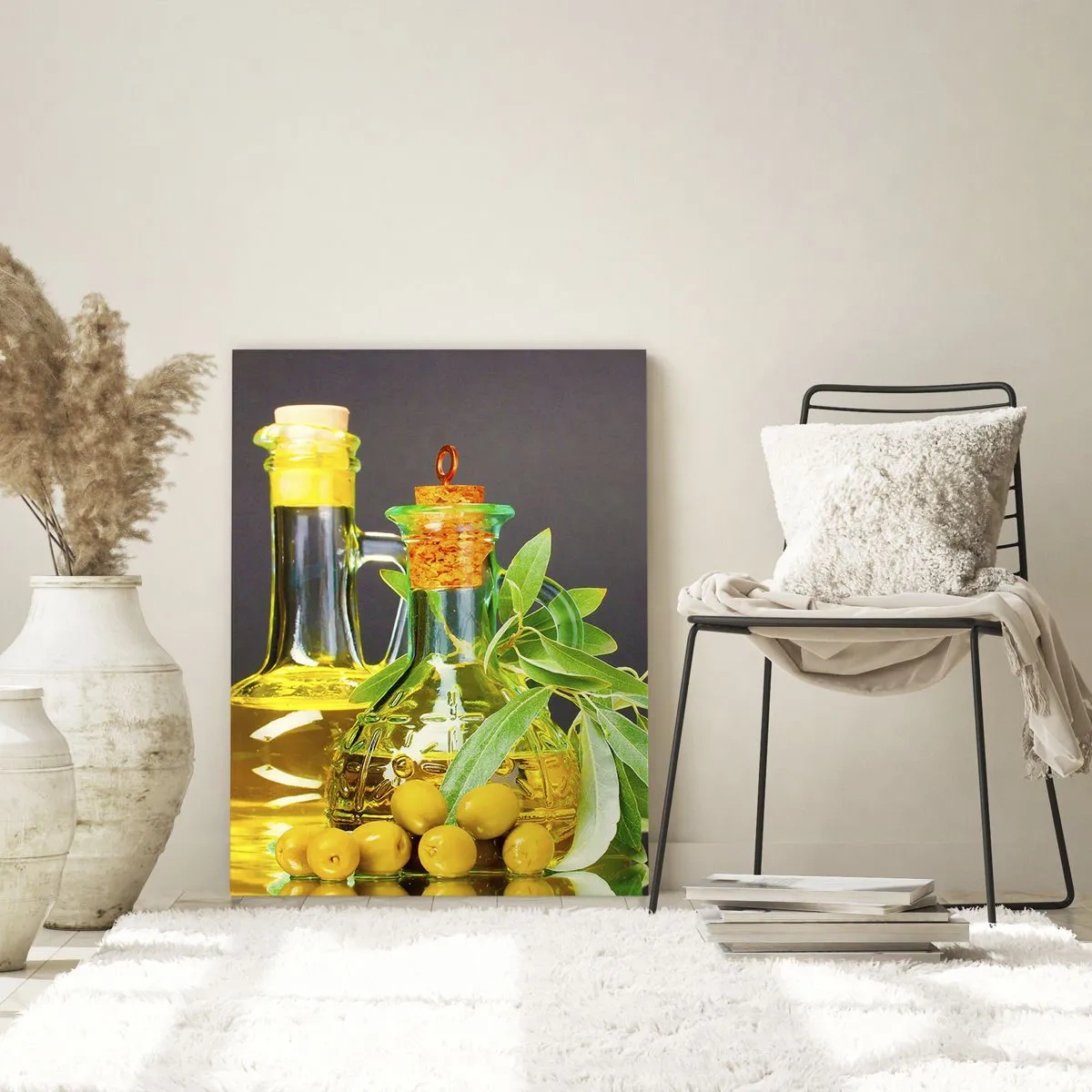 Impression sur verre - Image sur verre - Bouteilles d'huile d'olive et branches d'olivier - 70x100cm - Nature morte aux olives et à l'huile d'olive - Décoration murale moderne pour le salon et la chambre ARTTOR