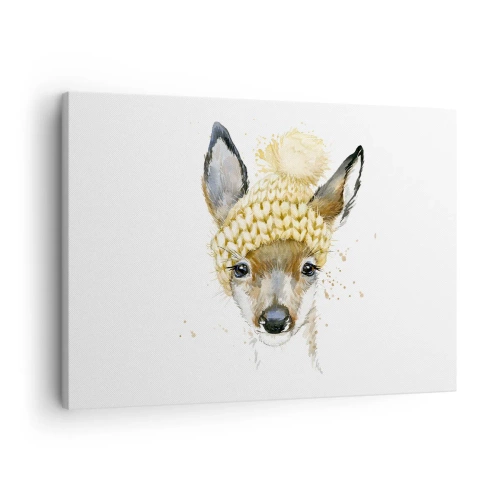 Impression sur toile - Image sur toile - Cerf aquarelle avec une casquette jaune - 70x50cm - Pour l'hiver dans la forêt enneigée - Décoration murale moderne pour le salon et la chambre ARTTOR