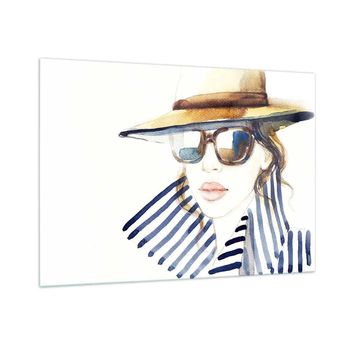 Impression sur verre - Image sur verre - Femme élégante avec un chapeau et des lunettes dans un style aquarelle - 100x70cm - La Floride vous souhaite la bienvenue ! - Décoration murale moderne pour le salon et la chambre ARTTOR