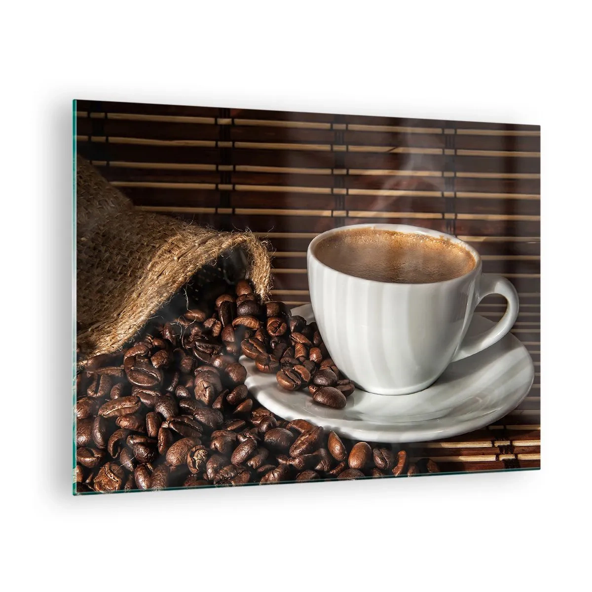 Impression sur verre - Image sur verre - Une tasse de café avec des grains sur un fond rustique - 70x50cm - La noirceur du charbon, la clarté de l'ambre - Décoration murale moderne pour le salon et la chambre ARTTOR