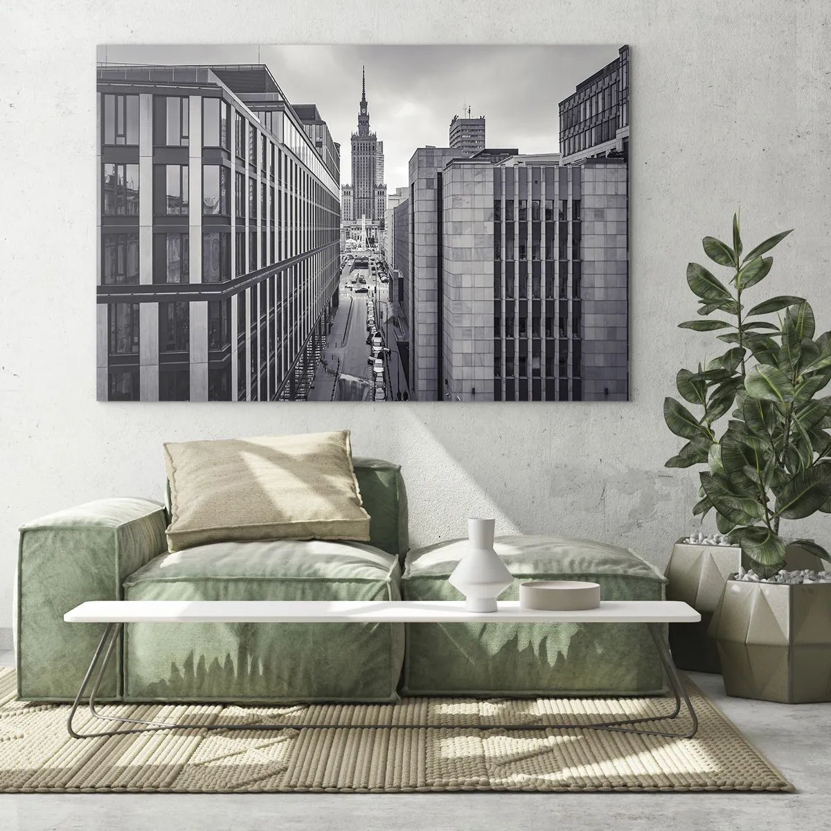 Impression sur verre - Image sur verre - Vue de la ville en noir et blanc avec des gratte-ciel et une rue - 70x50cm - Vallée de Varsovie - Décoration murale moderne pour le salon et la chambre ARTTOR