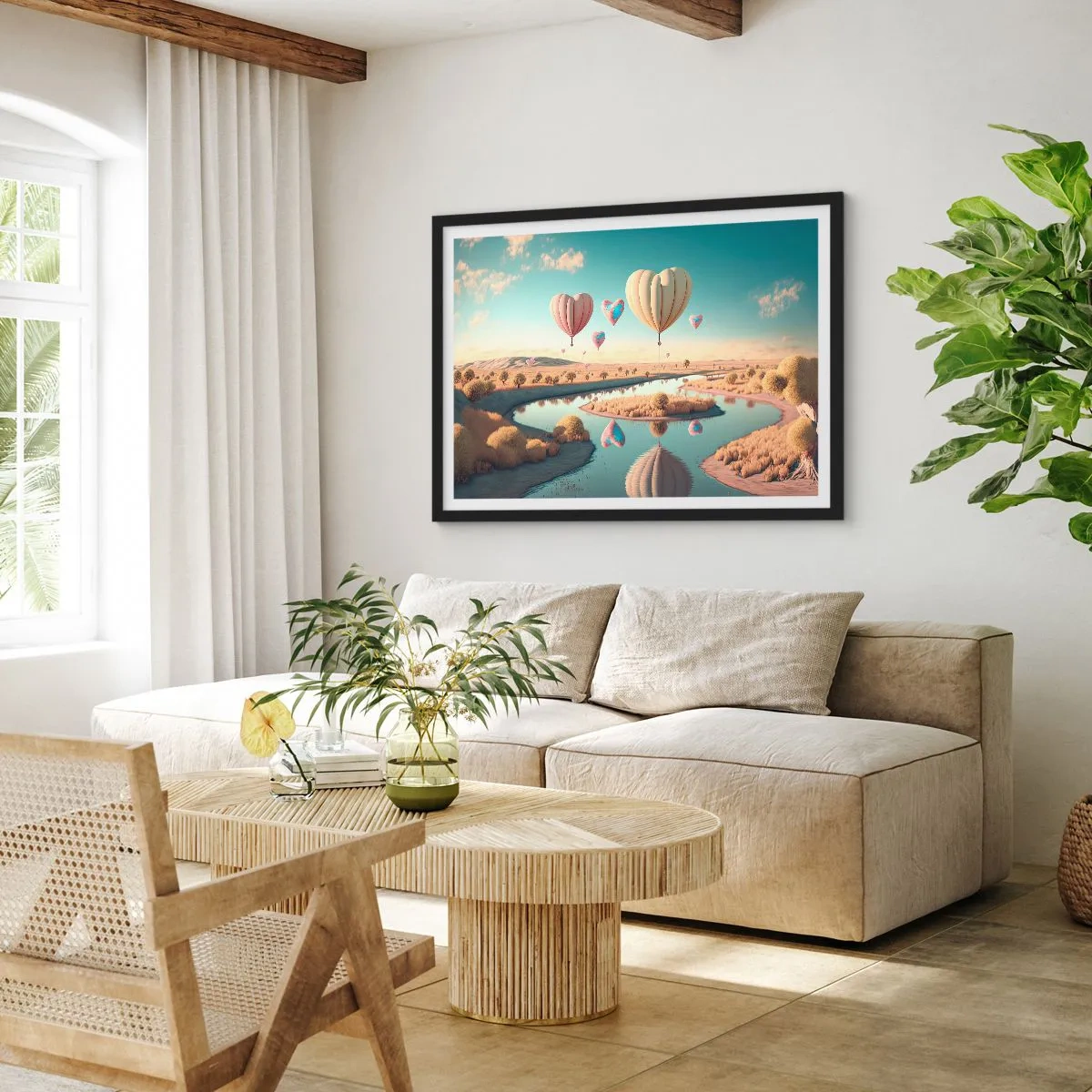 Affiche dans un cadre noir - Poster - Des ballons en forme de cœur flottant au-dessus du paysage - 70x50cm - L'amour te permet de t'élever - Décoration murale moderne pour le salon et la chambre ARTTOR