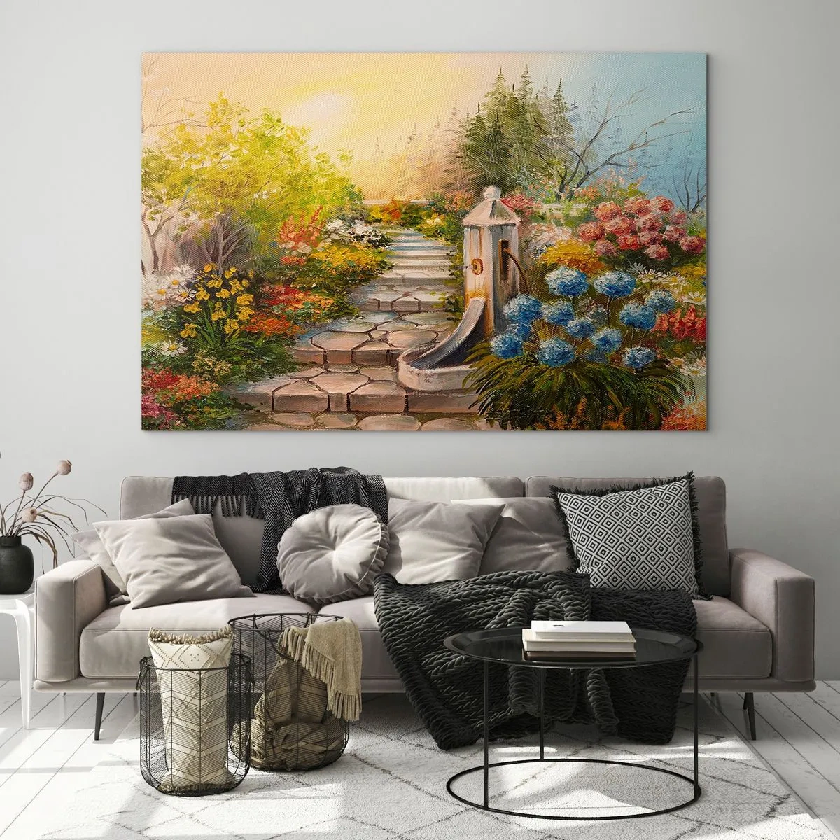 Impression sur verre - Image sur verre - Un jardin fleuri avec une fontaine en pleine floraison - 120x80cm - En pleine floraison - Décoration murale moderne pour le salon et la chambre ARTTOR