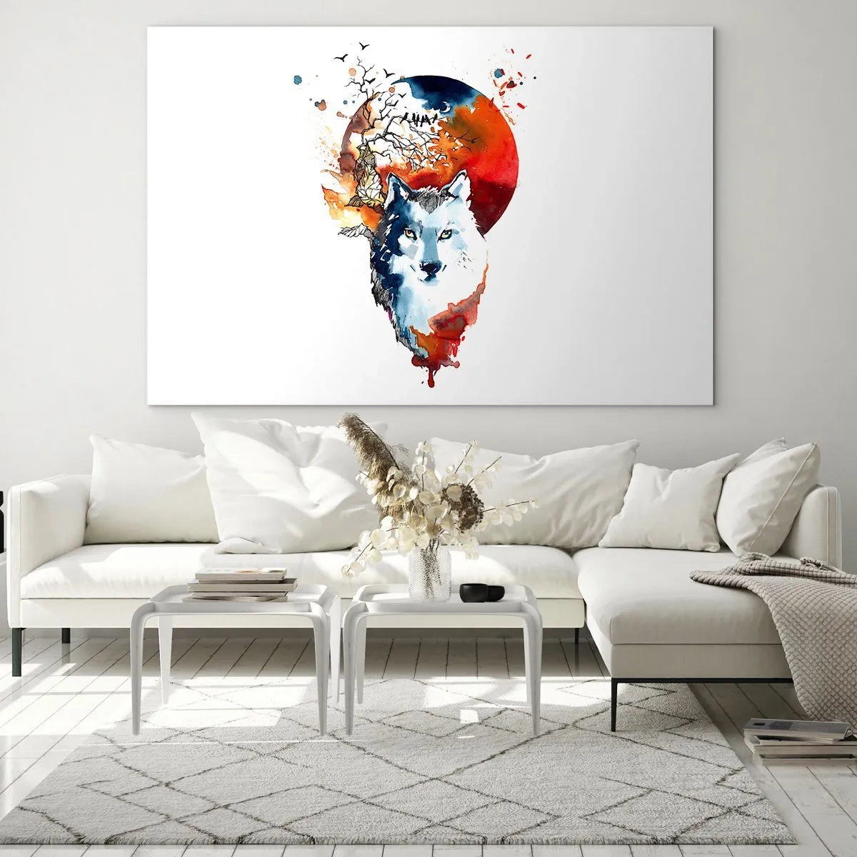 Impression sur verre - Image sur verre - Illustration d'un loup avec une pleine lune en arrière-plan - 100x70cm - Nez à nez avec la nuit - Décoration murale moderne pour le salon et la chambre ARTTOR