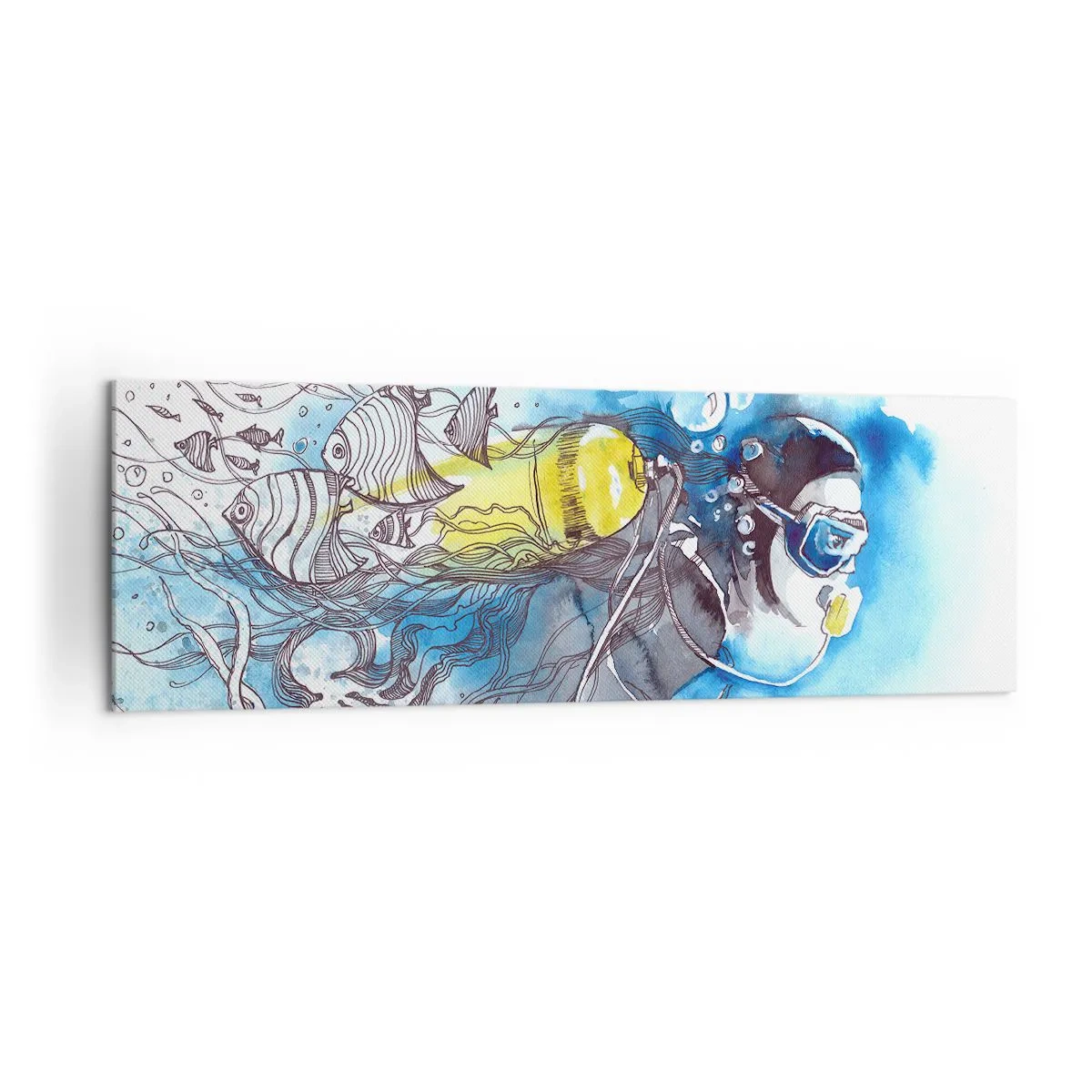 Impression sur toile - Image sur toile - Scène sous-marine avec un plongeur et des poissons exotiques - 160x50cm - Le grand bleu - Décoration murale moderne pour le salon et la chambre ARTTOR