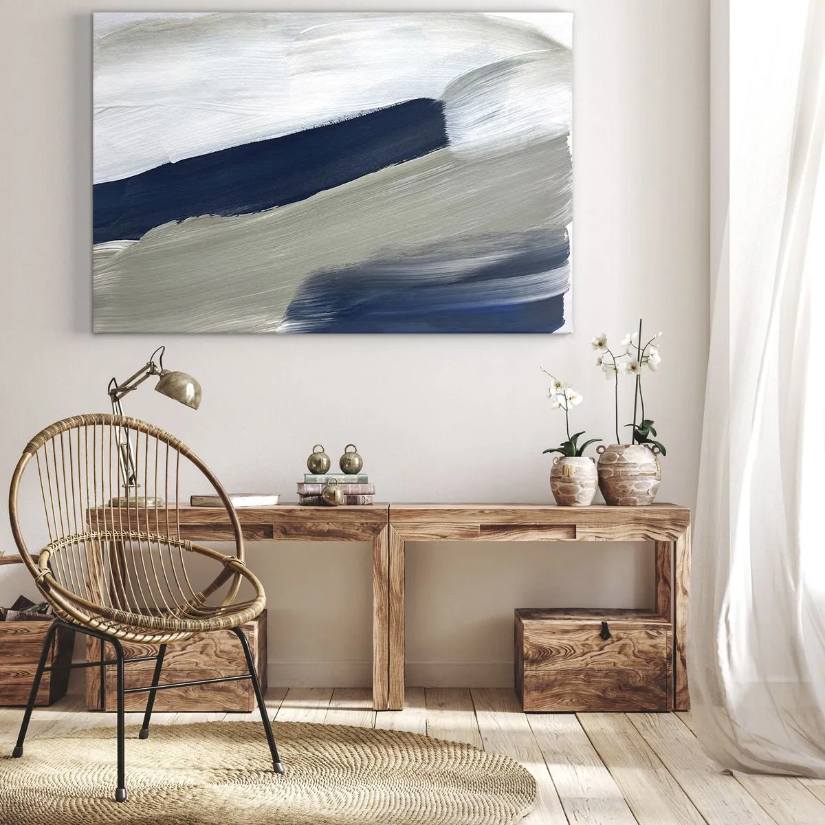 Impression sur toile - Image sur toile - Coups de pinceau abstraits dans des tons de bleu et de gris - 100x70cm - Rencontre avec la blancheur - Décoration murale moderne pour le salon et la chambre ARTTOR