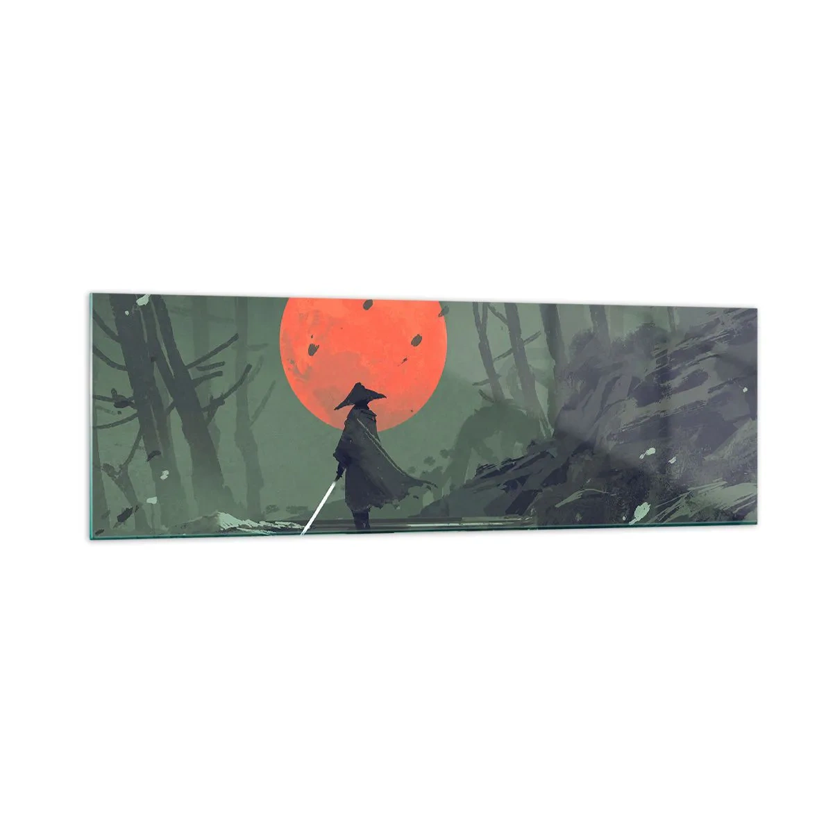 Impression sur verre - Image sur verre - Un guerrier solitaire avec une épée sur fond de lune rouge dans une forêt sombre. - 160x50cm - Guerrier de la lune rouge - Décoration murale moderne pour le salon et la chambre ARTTOR