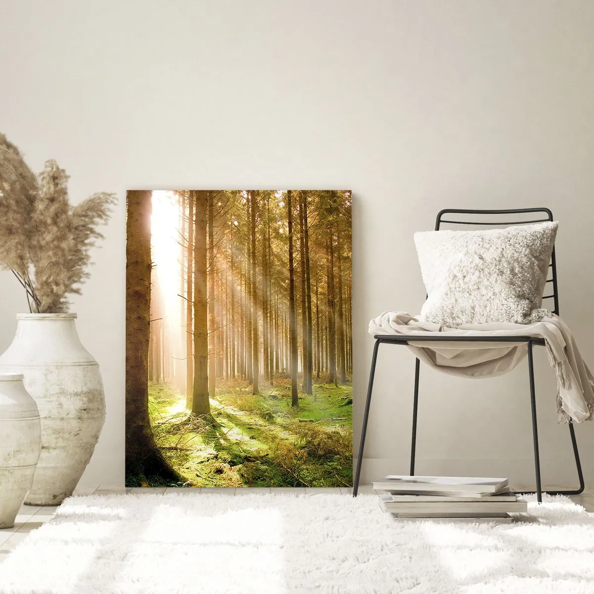 Impression sur verre - Image sur verre - Forêt de conifères avec les rayons du soleil qui brillent à travers les arbres - 70x100cm - Les elfes vont bientôt apparaître - Décoration murale moderne pour le salon et la chambre ARTTOR