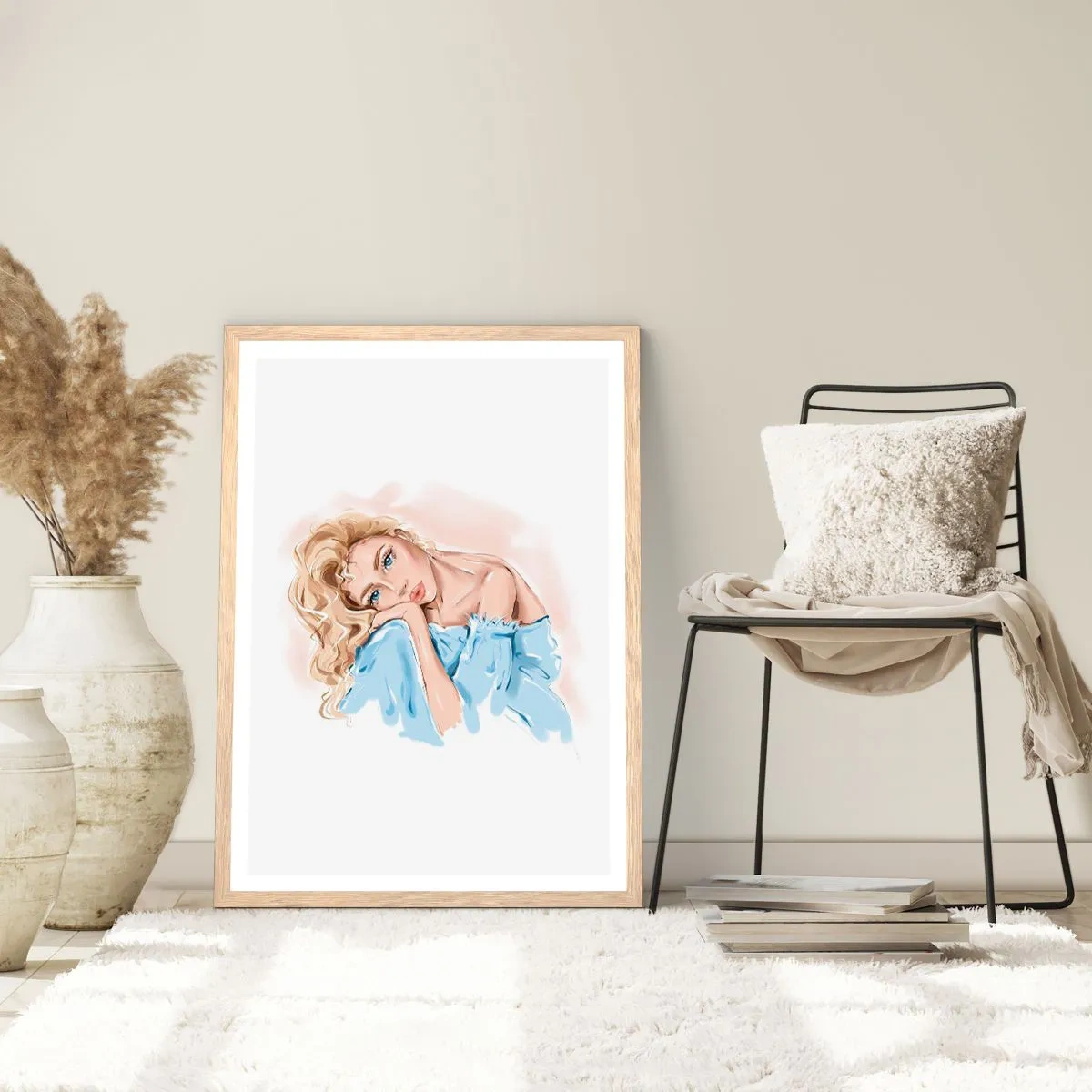 Affiche dans un chêne clair - Poster - Rêveuse en bleu - 70x100 cm