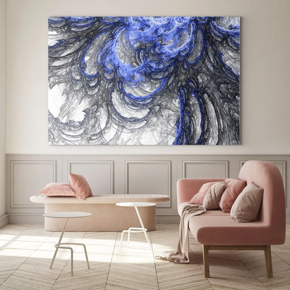 Impression sur verre - Image sur verre - Abstraction dynamique dans les tons de bleu et de gris - 70x50cm - La naissance d'une vague - Décoration murale moderne pour le salon et la chambre ARTTOR