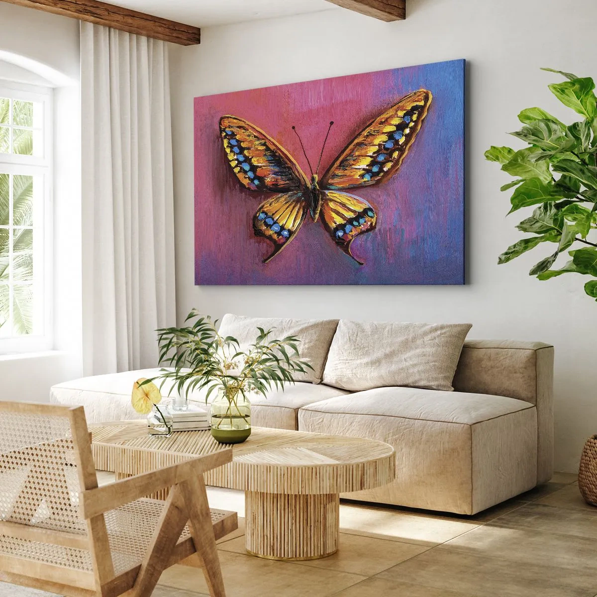 Impression sur toile - Image sur toile - Papillon coloré sur un fond abstrait - 100x70cm - Un joyau de la nature - Décoration murale moderne pour le salon et la chambre ARTTOR