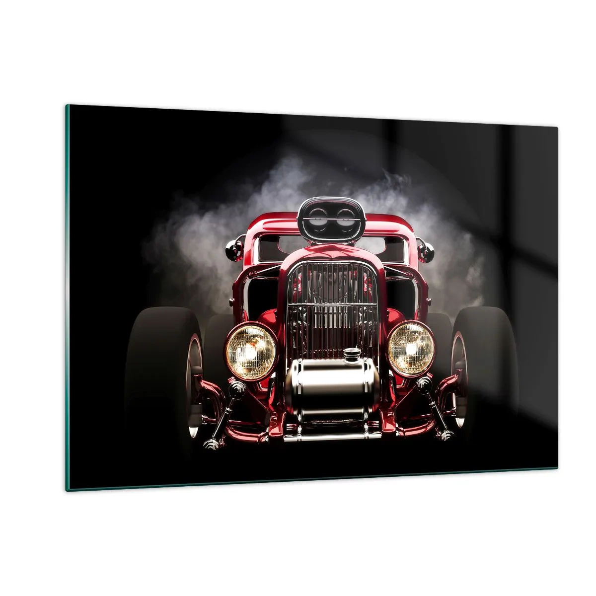 Impression sur verre - Image sur verre - Hot rod rouge dans une épaisse fumée - 120x80cm - Rapide et furieusement beau - Décoration murale moderne pour le salon et la chambre ARTTOR