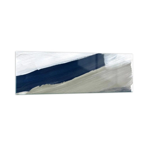 Impression sur verre - Image sur verre - Coups de pinceau abstraits dans des tons de bleu et de gris - 160x50cm - Rencontre avec la blancheur - Décoration murale moderne pour le salon et la chambre ARTTOR