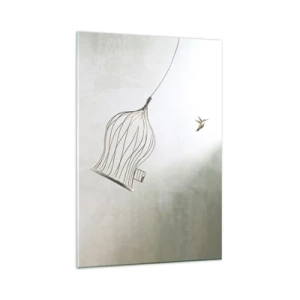Impression sur verre - Image sur verre - Un oiseau libéré d'une cage sur fond de ciel lumineux - 80x120cm - Dans son élément - Décoration murale moderne pour le salon et la chambre ARTTOR