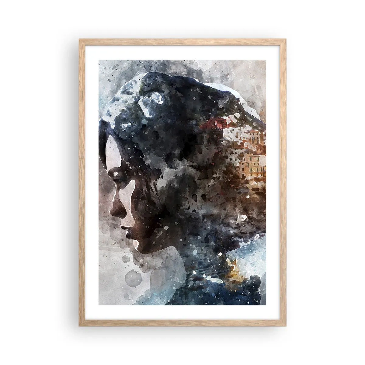 Affiche dans un chêne clair - Poster - L'histoire d'une fille avec une ville en arrière-plan - 50x70 cm