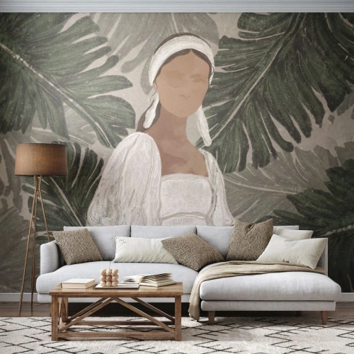 Papier Peint Autocollant Deluxe Sticker - Portrait exotique - Bohème, Femme, Feuilles - 200x140 cm
