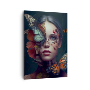 Impression sur toile - Image sur toile - Portrait d'une femme avec des papillons et des éléments végétaux - 50x70cm - Une merveilleuse métamorphose - Décoration murale moderne pour le salon et la chambre ARTTOR