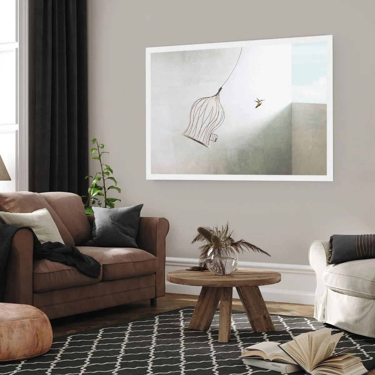 Affiche - Poster - Un oiseau libéré d'une cage sur fond de ciel lumineux - 100x70cm - Dans son élément - Décoration murale moderne pour le salon et la chambre ARTTOR