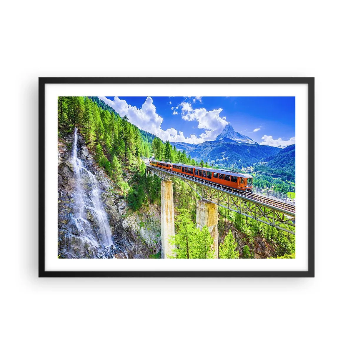 Affiche dans un cadre noir - Poster - Des montagnes russes sur un pont avec vue sur une cascade et des montagnes - 70x50cm - Train dans les Alpes - Décoration murale moderne pour le salon et la chambre ARTTOR
