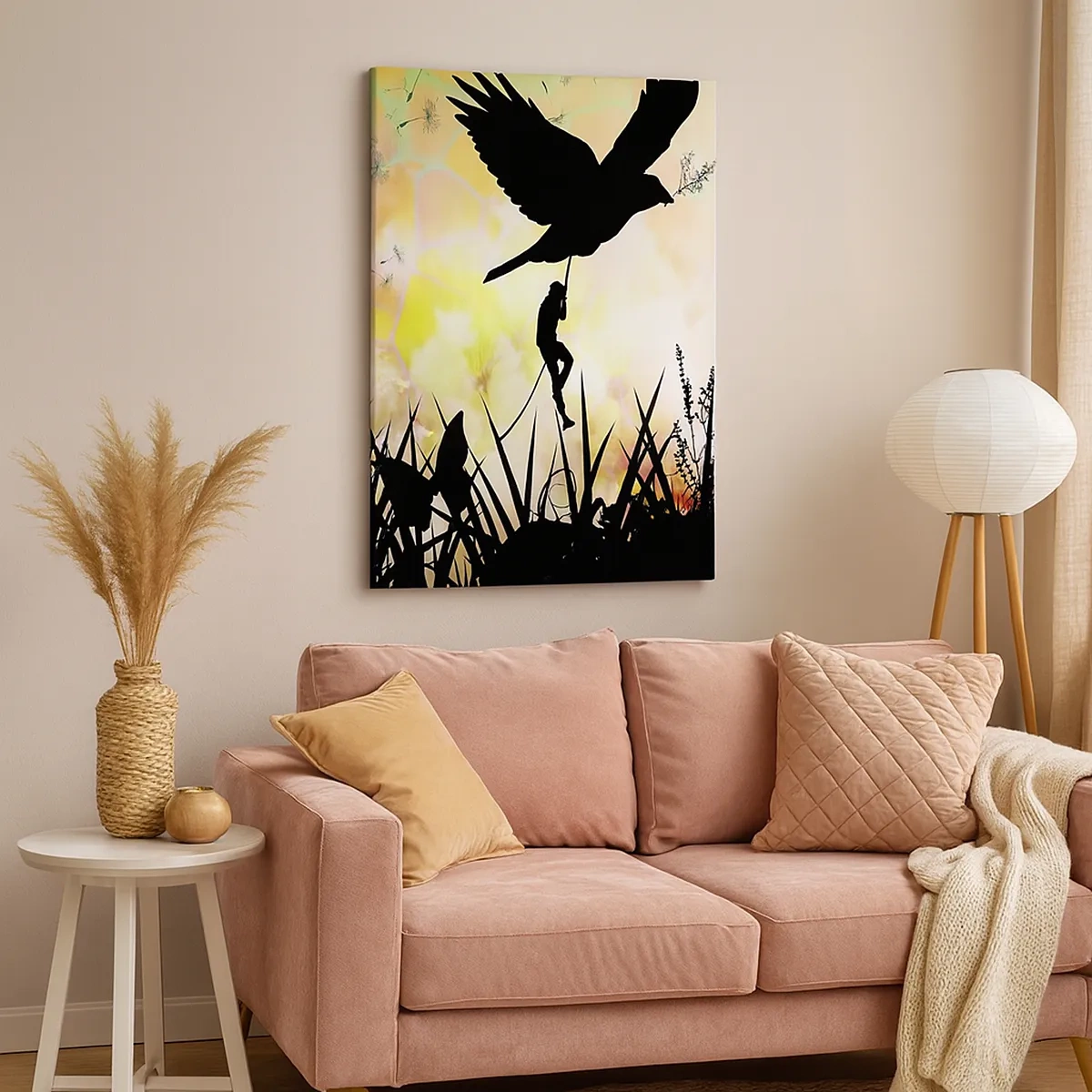 Impression sur toile - Image sur toile - Silhouette de la nature avec un oiseau et un pissenlit - 50x70cm - Dans une ambiance de conte de fées - Décoration murale moderne pour le salon et la chambre ARTTOR