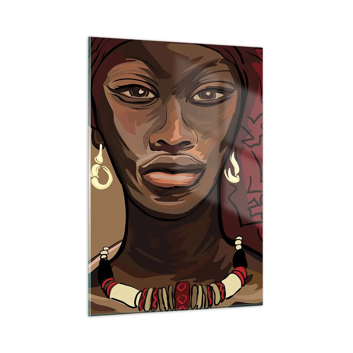 Impression sur verre - Image sur verre - Portrait stylisé d'une femme au turban rouge avec des bijoux. - 50x70cm - Vénus d'ébène - Décoration murale moderne pour le salon et la chambre ARTTOR