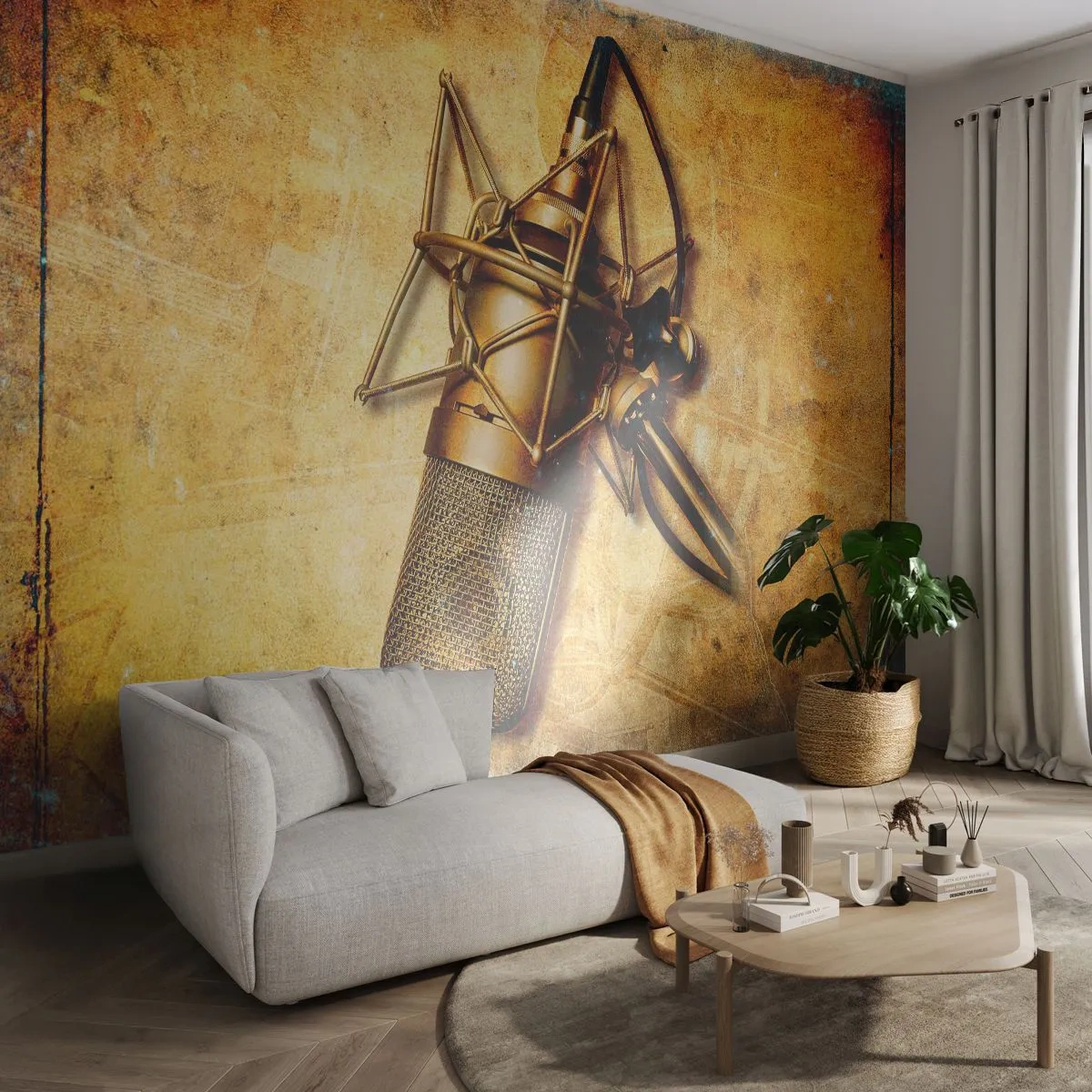Papier Peint Photo Premium Sand - Microphone de studio vintage doré - 100x70cm - Les années d'or de la radio - Décoration murale moderne pour le salon et la chambre ARTTOR
