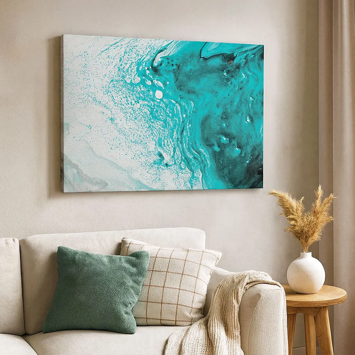 Impression sur toile - Image sur toile - Composition abstraite dans des tons turquoise sur fond blanc - 70x50cm - Se fondre dans le bleu et le turquoise - Décoration murale moderne pour le salon et la chambre ARTTOR
