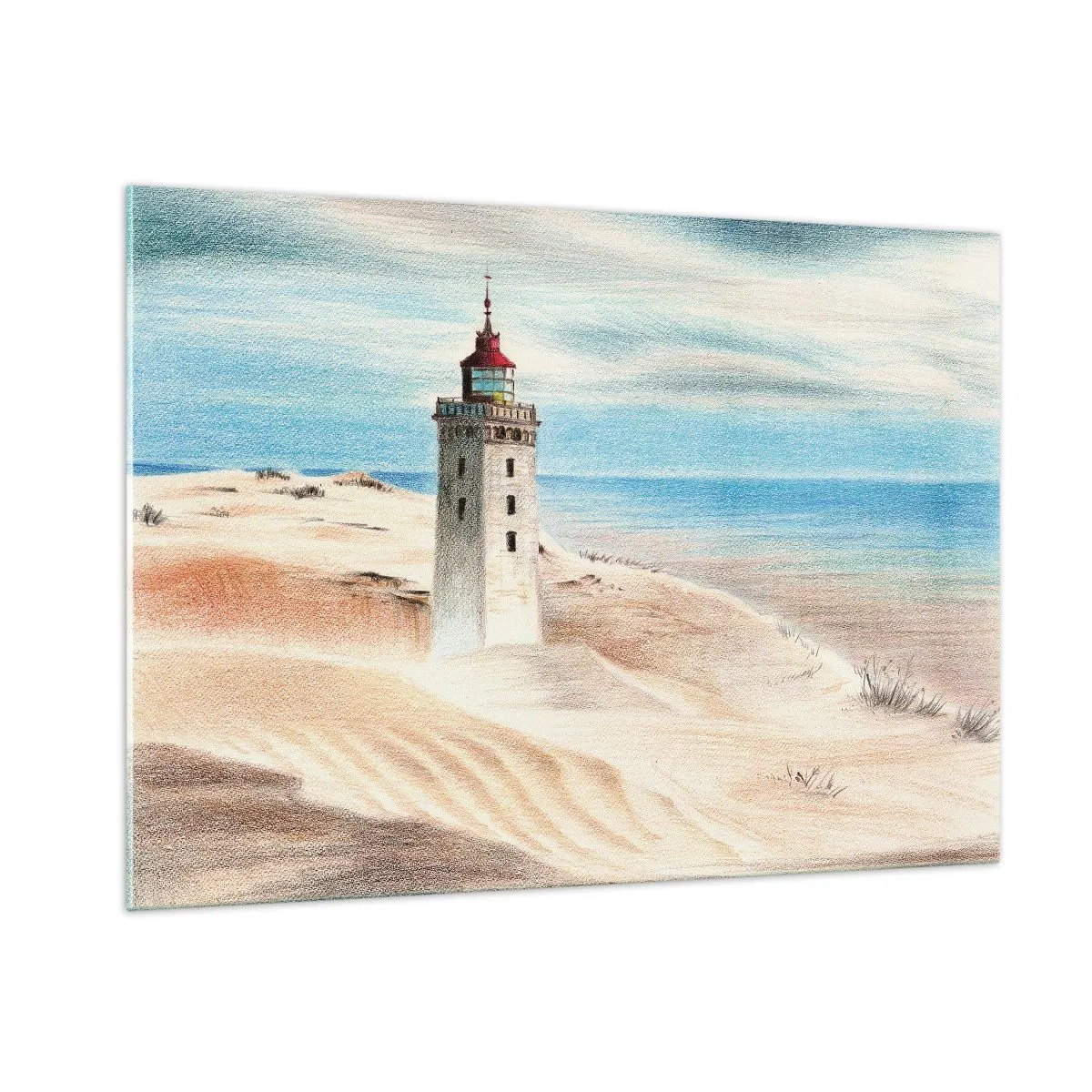 Impression sur verre - Image sur verre - Un phare sur une dune du désert au bord d'une mer calme - 100x70cm - Toujours regarder la mer - Décoration murale moderne pour le salon et la chambre ARTTOR