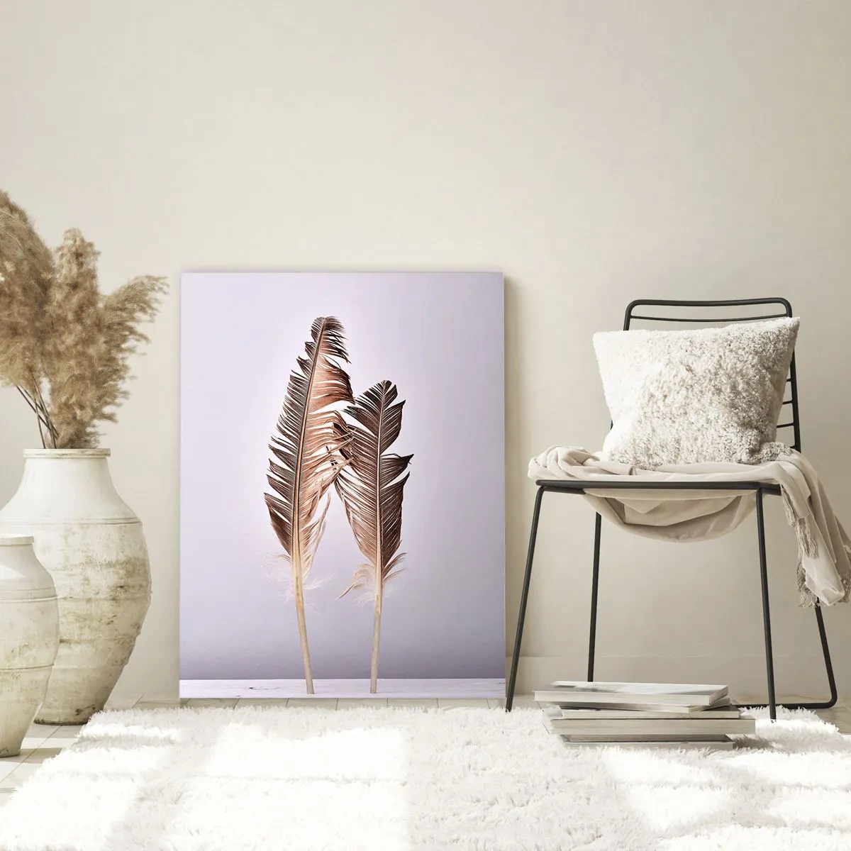 Impression sur verre - Image sur verre - Deux plumes délicates sur un fond clair - 50x70cm - Face au néant - Décoration murale moderne pour le salon et la chambre ARTTOR