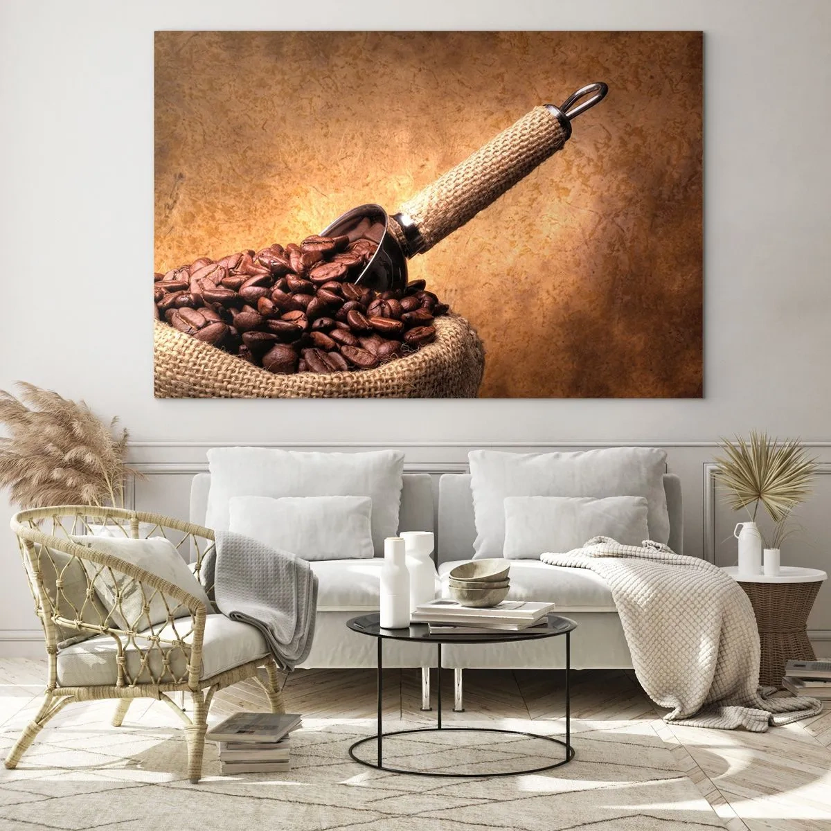 Impression sur verre - Image sur verre - Grains de café dans un sac en jute avec une cuillère en métal - 100x70cm - A la source de la saveur - Décoration murale moderne pour le salon et la chambre ARTTOR