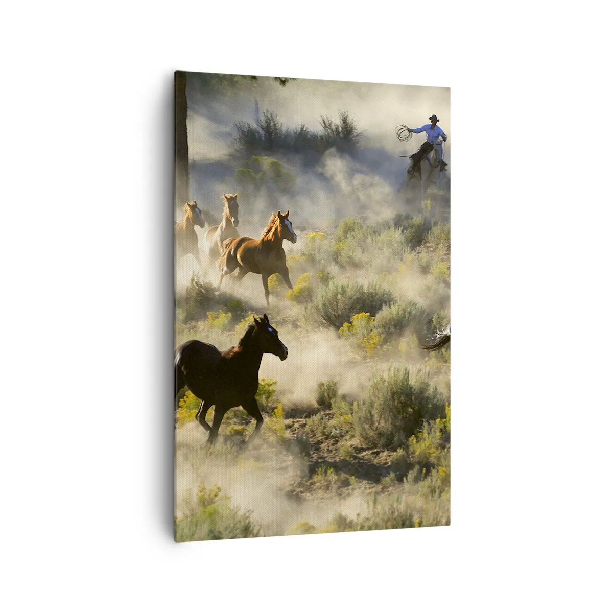 Impression sur toile - Image sur toile - Un troupeau de chevaux sauvages galopant à travers la poussière et la végétation - 80x120cm - Rivalité - liberté ou force masculine ? - Décoration murale moderne pour le salon et la chambre ARTTOR