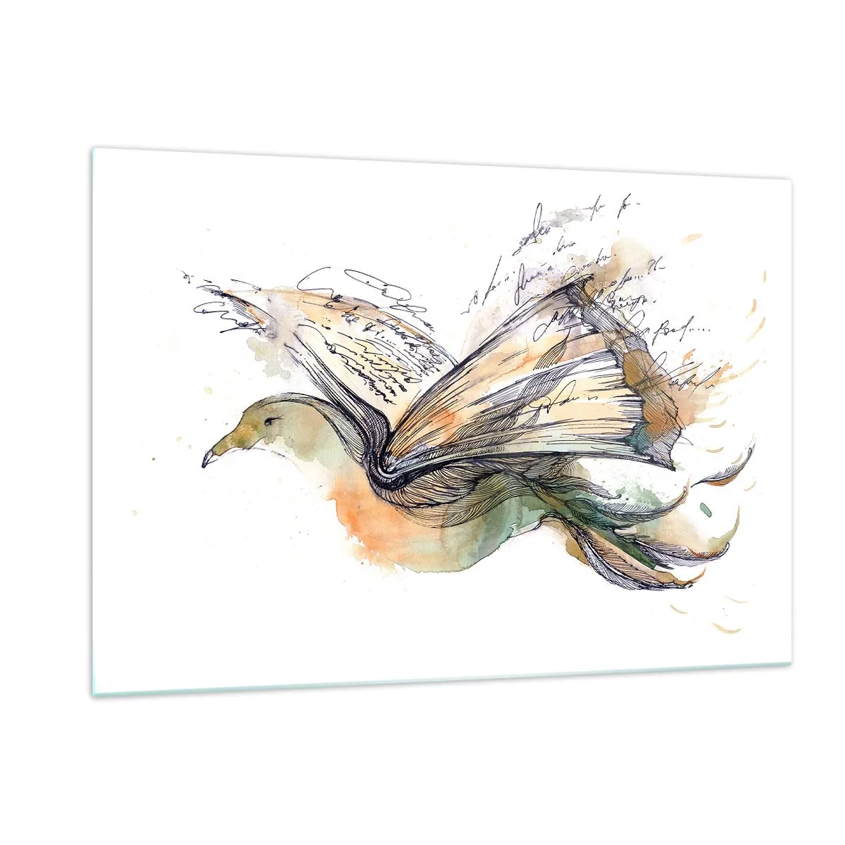 Impression sur verre - Image sur verre - Un oiseau d'un livre déroulé, une métaphore artistique de la connaissance - 120x80cm - Sur les ailes de la poésie - Décoration murale moderne pour le salon et la chambre ARTTOR