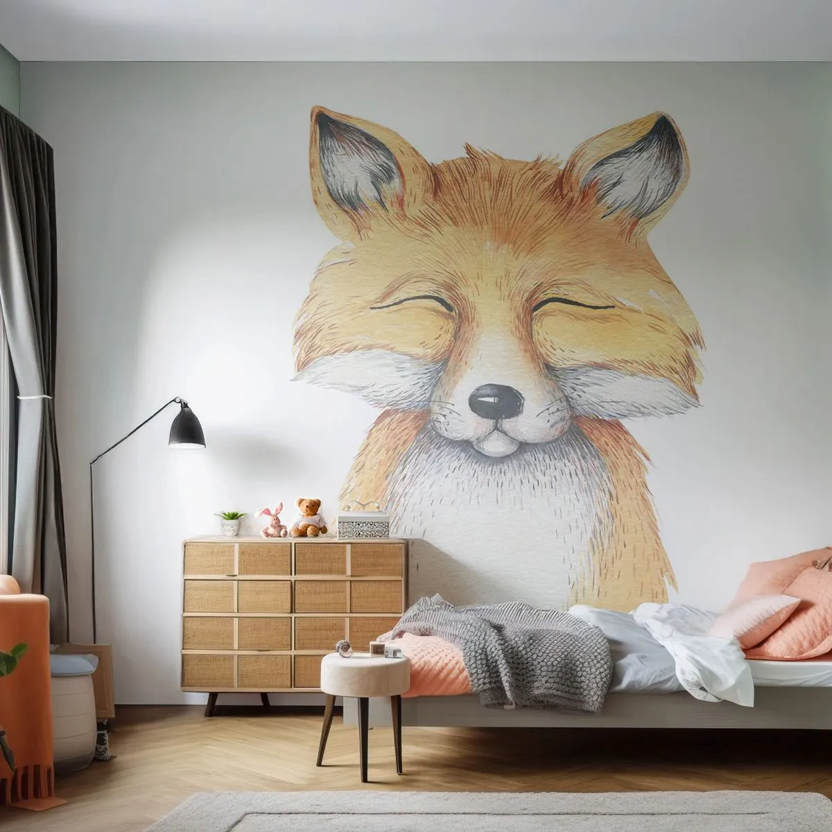 Papier Peint Photo Premium Sand - Renard souriant dans un style aquarelle sur fond blanc - 100x70cm - Humeurs de renard - Décoration murale moderne pour le salon et la chambre ARTTOR