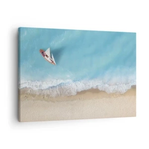 Impression sur toile - Image sur toile - Vue aérienne d'un bateau sur la plage - 70x50cm - A la frontière de l'azur et de l'or - Décoration murale moderne pour le salon et la chambre ARTTOR