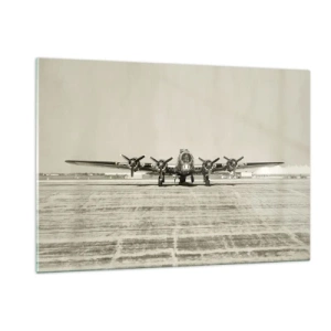 Impression sur verre - Image sur verre - Avion historique à l'aéroport en style sépia - 120x80cm - Toujours prêt! - Décoration murale moderne pour le salon et la chambre ARTTOR