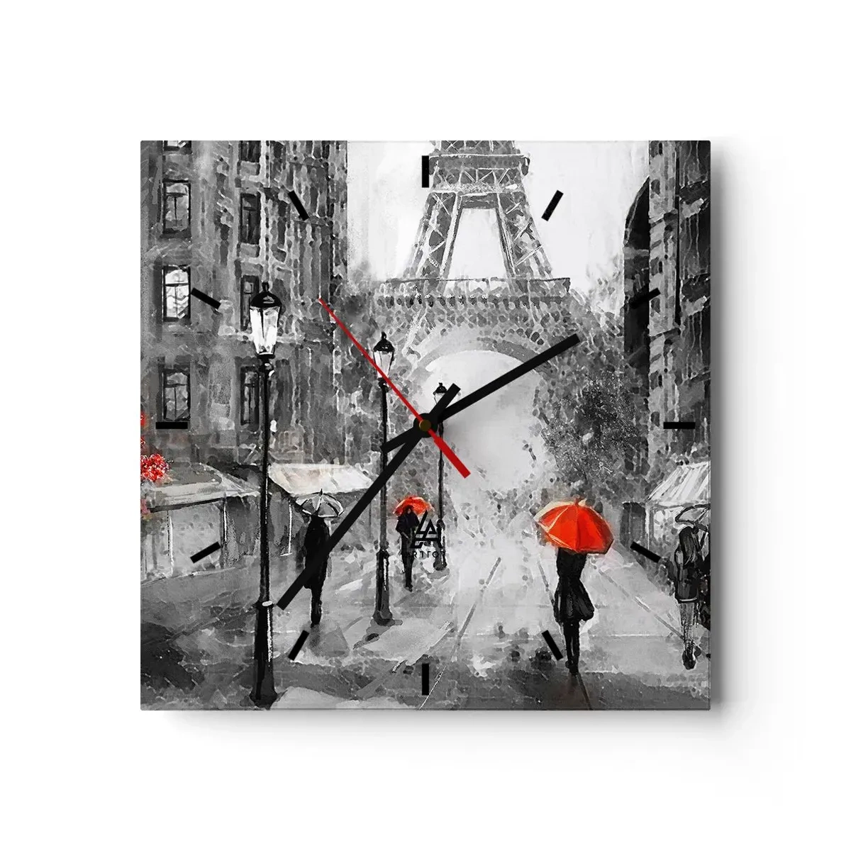 Horloge murale - Pendule murale - Une rue avec vue sur la Tour Eiffel et des parapluies rouges - 30x30cm - Tous les chemins mènent à elle - Décoration murale moderne pour le salon et la chambre ARTTOR