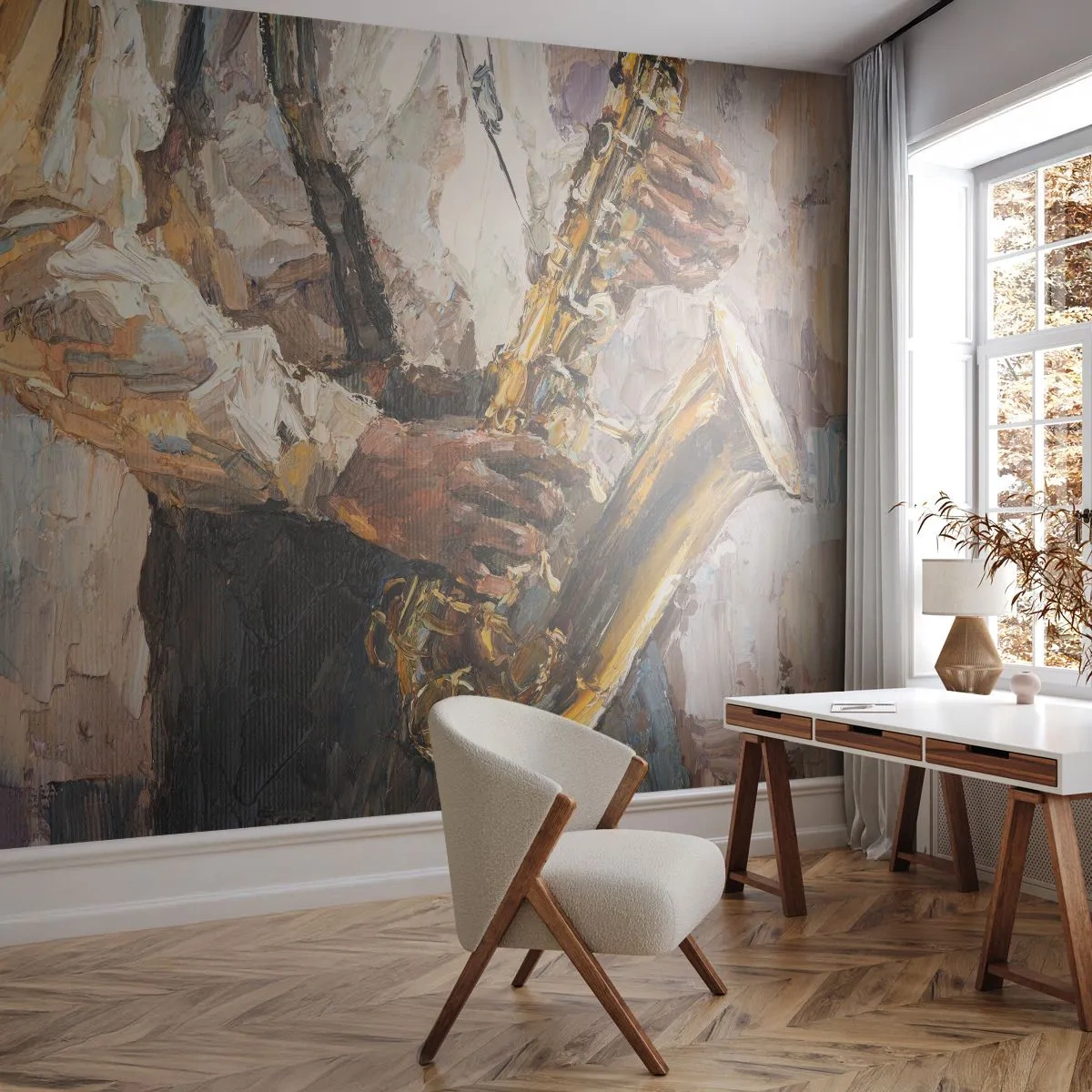 Papier Peint Photo Premium Sand - Un musicien jouant du saxophone dans un style impressionniste - 100x70cm - C'est l'heure du solo - Décoration murale moderne pour le salon et la chambre ARTTOR