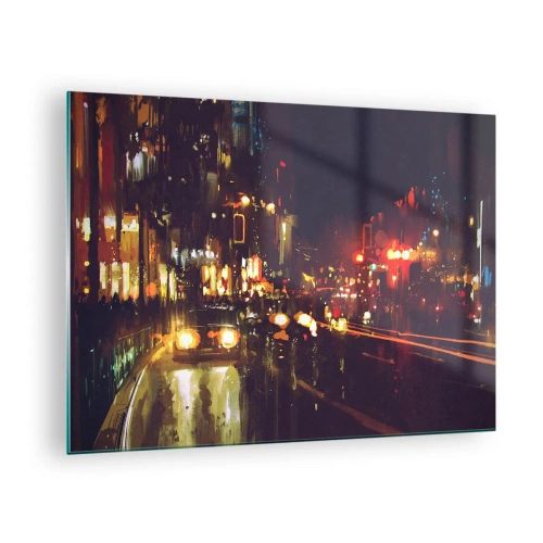 Impression sur verre - Image sur verre - Paysage nocturne de la ville avec des voitures et des lampadaires - 70x50cm - Immergé dans les lumières de la nuit - Décoration murale moderne pour le salon et la chambre ARTTOR