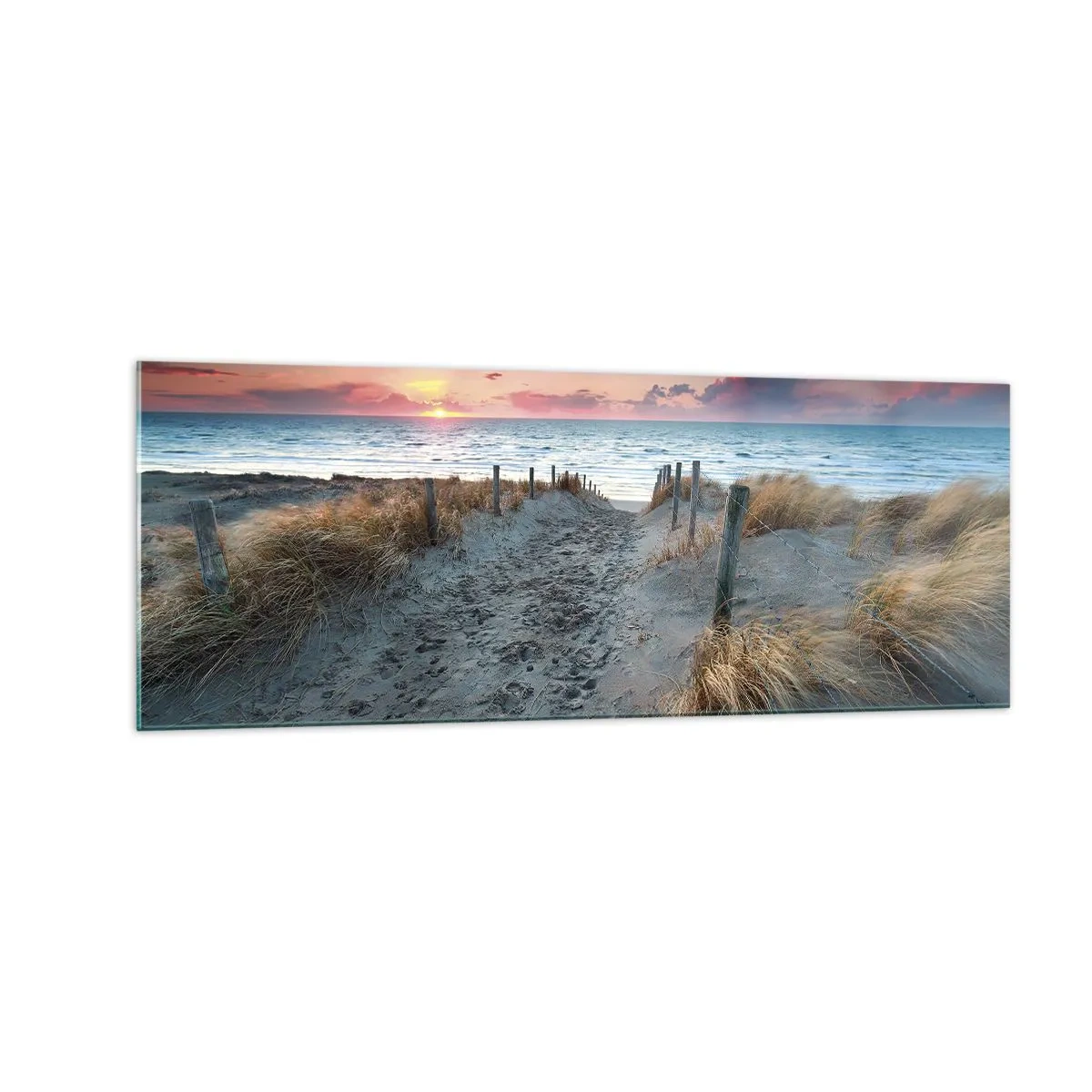 Impression sur verre - Image sur verre - Chemin menant à la plage au coucher du soleil - 140x50cm - Tu as versé l'éclat de l'arc-en-ciel sur les flots - Décoration murale moderne pour le salon et la chambre ARTTOR