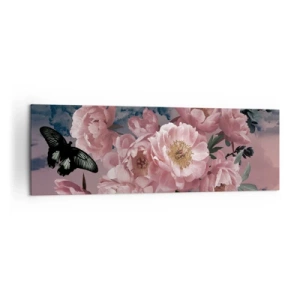 Impression sur toile - Image sur toile - Pivoines roses avec un papillon sur fond pastel - 160x50cm - Pic du romantisme - Décoration murale moderne pour le salon et la chambre ARTTOR
