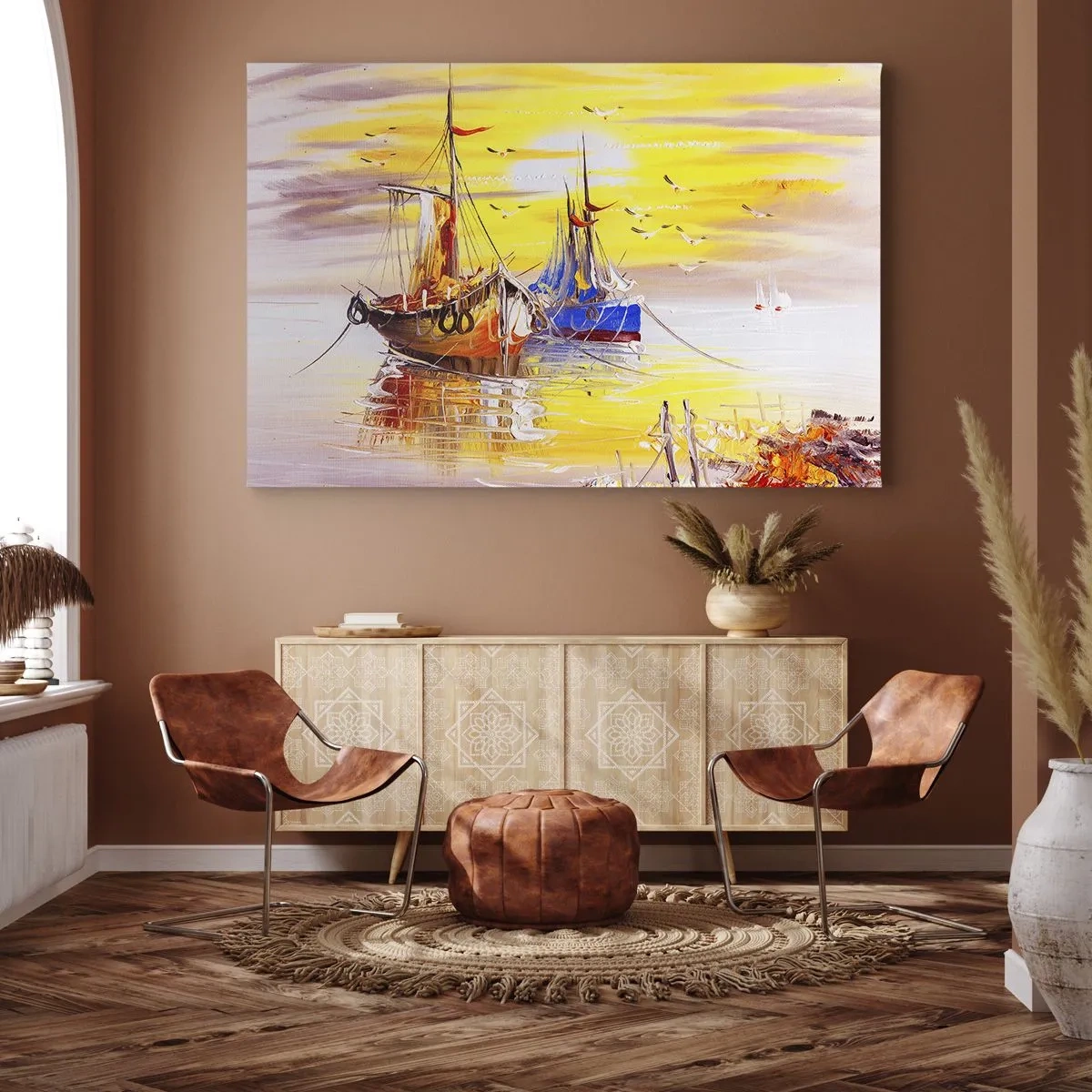 Impression sur toile - Image sur toile - Une scène picturale de bateaux sur une mer calme - 120x80cm - Un repos bien mérité au port - Décoration murale moderne pour le salon et la chambre ARTTOR