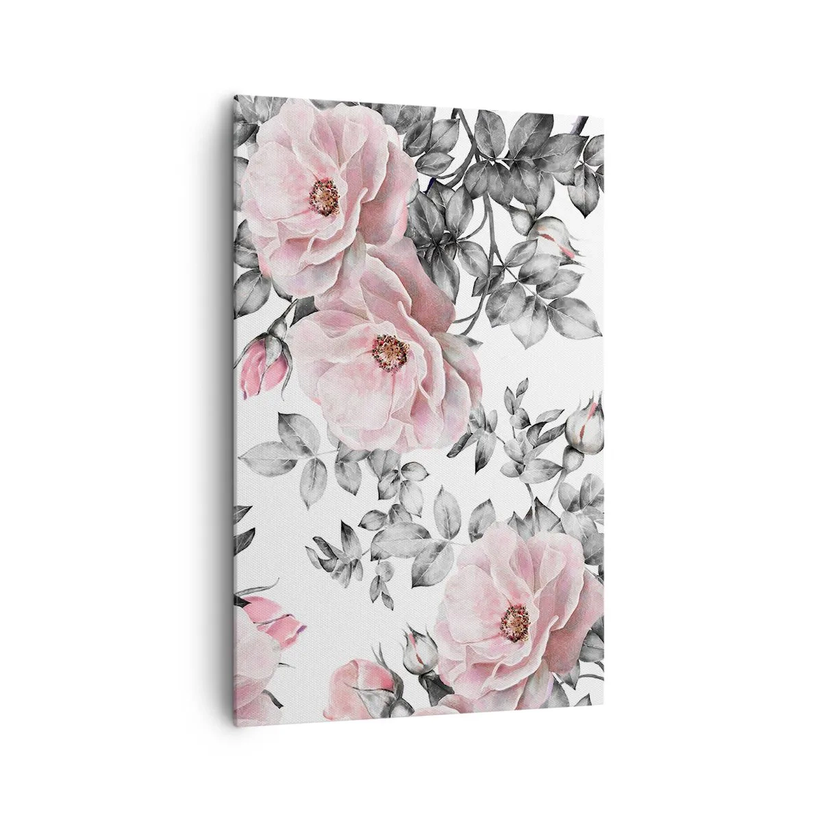 Impression sur toile - Image sur toile - Roses roses et feuilles sur un délicat fond noir et blanc - 80x120cm - Se perdre dans les fleurs des roses - Décoration murale moderne pour le salon et la chambre ARTTOR