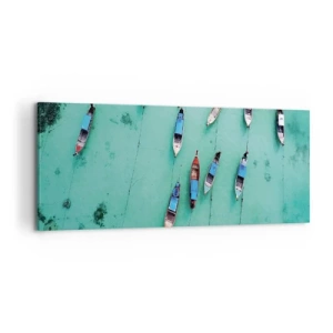 Impression sur toile - Image sur toile - Vue aérienne de bateaux sur une eau turquoise - 120x50cm - Dans une attente jouyeuse - Décoration murale moderne pour le salon et la chambre ARTTOR