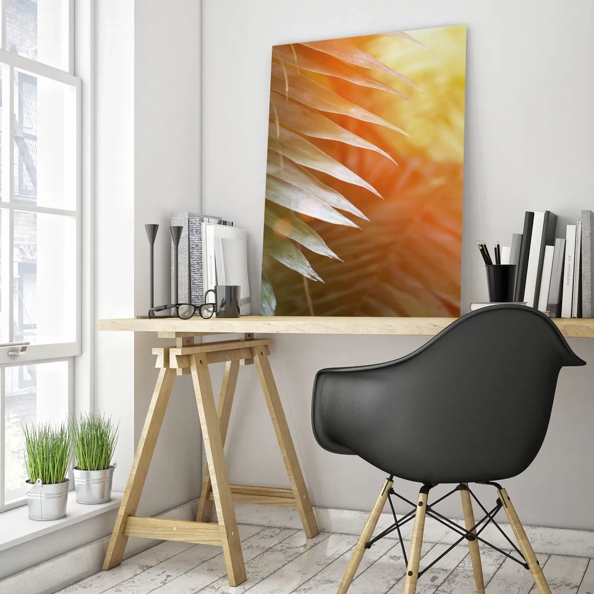 Impression sur verre - Image sur verre - Feuilles de palmier à la lueur du soleil du matin dans un cadre tropical - 50x70cm - Matinée dans la jungle - Décoration murale moderne pour le salon et la chambre ARTTOR