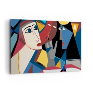 Impression sur toile - Image sur toile - Visages cubistes aux couleurs intenses - 120x80cm - Une conversation entre cubistes - Décoration murale moderne pour le salon et la chambre ARTTOR