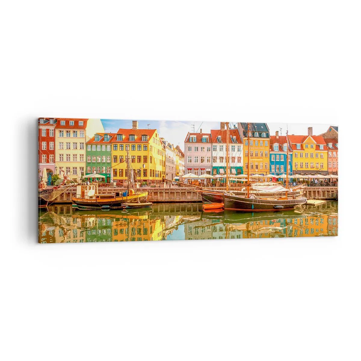 Impression sur toile - Image sur toile - Maisons colorées au bord des canaux de Copenhague - 140x50cm - Aussi lisse qu'un miroir au-dessus de l'eau - Décoration murale moderne pour le salon et la chambre ARTTOR