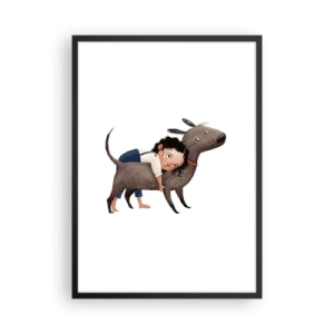 Affiche dans un cadre noir - Poster - Illustration d'un enfant serrant un chien dans ses bras sur un fond blanc - 50x70cm - Les meilleurs amis - Décoration murale moderne pour le salon et la chambre ARTTOR