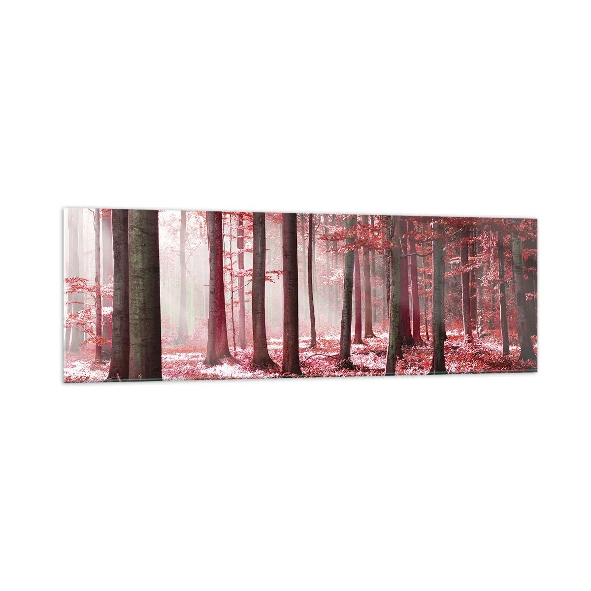 Impression sur verre - Image sur verre - Une forêt époustouflante aux teintes rouges avec des rayons de lumière pénétrant à travers les arbres - 160x50cm - Le rouge est tout aussi beau - Décoration murale moderne pour le salon et la chambre ARTTOR