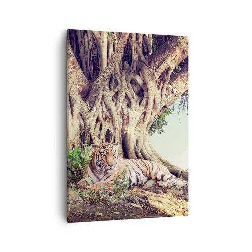 Impression sur toile - Image sur toile - Un tigre se reposant sous un arbre étendu - 50x70cm - Vue du Livre de la Genèse - Décoration murale moderne pour le salon et la chambre ARTTOR